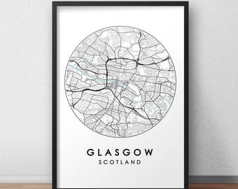 Glasgow City Map Print, Street Map Art, Glasgow Map Poster, Glasgow Map Print, City Map Wall Art, Glasgow Map, Travel Poster, Map Print