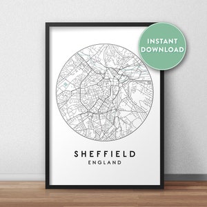 Mapa de la ciudad de Sheffield imprimible, arte de mapa de calles, impresión de mapa de Sheffield, arte de pared del mapa de la ciudad, mapa de Sheffield, cartel de viaje, Reino Unido, imprimible, impresión de mapa