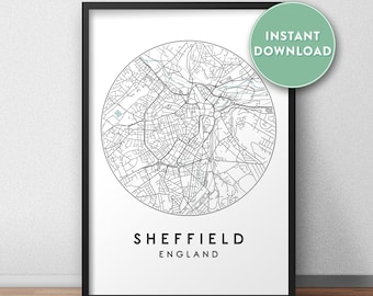 Sheffield City Map Printable, Street Map Art, Sheffield Map Print, City Map Wall Art, Sheffield Map, Travel Poster, UK, Printable, Map Print