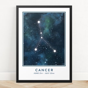 Impresión de signo de estrella de cáncer, impresión de arte de constelación, impresión de horóscopo, impresión de mapa de estrellas, impresión de zodiaco, arte de pared de astrología, arte de pared de dormitorio