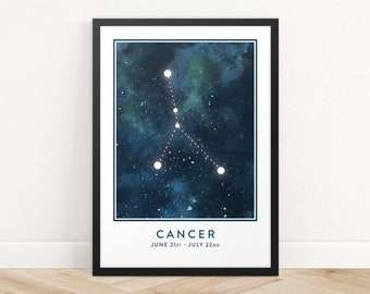 Cancer Star Sign Print, Constellation Art Print, Horoscope Print, Star Map Print, Zodiac Print, Astrology Wall Art, Bedroom Wall Art