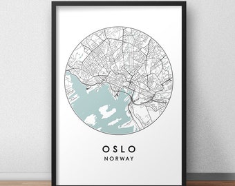May include: A black and white map of Oslo, Norway, with a blue and white water feature. The map is in a circle with the word "OSLO" and "NORWAY" below it.