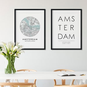 Ensemble d'impressions d'Amsterdam, plan de la ville d'Amsterdam, impression typographie, impression d'Amsterdam, impression carte des rues, impression de voyage, affiche de voyage, impression de carte