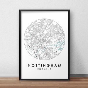 Impressão de mapa da cidade de Nottingham, arte de mapa de ruas, pôster de mapa de Nottingham, impressão de mapa de Nottingham, arte de parede de mapa da cidade, mapa de Nottingham, pôster de viagem