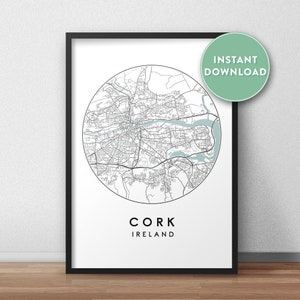 Mapa de la ciudad de Cork imprimible, arte del mapa de la calle, impresión del mapa del corcho, arte de la pared del mapa de la ciudad, mapa del corcho, cartel de viaje, imprimible, Irlanda, impresión del mapa