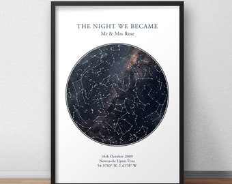 Impresión de mapa de estrellas personalizado enmarcado, regalo de aniversario, impresión de cielo nocturno, cartel de mapa de estrellas, regalo de boda, impresión de constelación, regalo personalizado