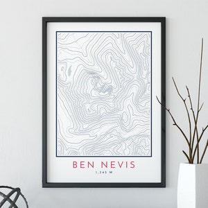 Ben Nevis topografische kaart print, contourlijnen kaart print, Ben Nevis print, berg print, topografie kaart print, reisposter, Three Peaks