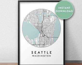 May include: A printable map of Seattle, Washington, in a circle with a light blue background. The map shows the city streets and waterways. The text "Seattle, Washington" is printed below the map.