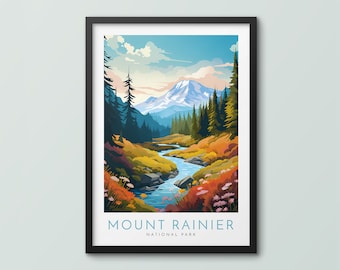 May include: A framed illustration of Mount Rainier National Park in Washington state. The image features a mountain peak with snow-capped summit, a winding river flowing through a lush green valley, and a forest of evergreen trees. The text "MOUNT RAINIER NATIONAL PARK" is printed at the bottom of the image.