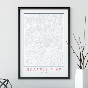 Impression de carte topographique de Scafell Pike, impression de carte de lignes de contour, impression de Scafell Pike, impression de montagne, impression de carte de topographie, trois pics