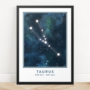 Tauro Star Sign Print, Impresión de arte de constelación, Impresión de horóscopo, Impresión de mapa de estrellas, Impresión de zodiaco, Arte de pared de astrología, Arte de pared de dormitorio