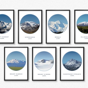 Seven Summits - Set of 7 Prints, Mount Everest, Denali, Kilimanjaro, Mountain Print, Landscape Print, Mountain Poster, Travel Poster,