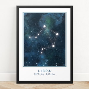 Libra Star Sign Print, Impresión de arte de constelación, Impresión de horóscopo, Impresión de mapa de estrellas, Impresión de zodiaco, Arte de pared de astrología, Arte de pared de dormitorio