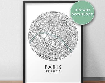 Paris City Map Printable, Street Map Art, Paris Map Print, City Map Wall Art, Paris Map, Travel Poster, France, Map Print