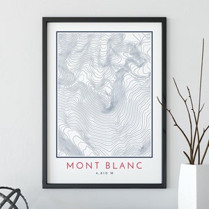 Impression de carte topographique du Mont Blanc, impression de carte de lignes de contour, impression du Mont Blanc, impression de montagne, impression de carte topographique, affiche de voyage, Mont Blanc