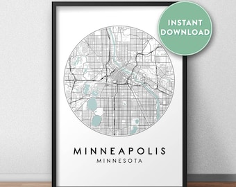 May include: A black and white printable map of Minneapolis, Minnesota. The map is in a circle and shows the city's streets and waterways. The text "Minneapolis, Minnesota" is printed below the map.