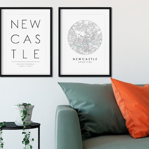 Ensemble d'impressions Newcastle, plan de la ville de Newcastle, impression typographie, impression Newcastle, impression carte des rues, impression voyage, affiche de voyage, impression carte
