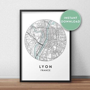 Plan de la ville de Lyon imprimable, art de la carte de la rue, impression de la carte de Lyon, art mural de la carte de la ville, carte de Lyon, plan de la ville, affiche de voyage, imprimable, impression de la carte