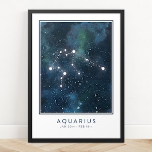 Impresión de signo de estrella de Acuario, Impresión de arte de constelación, Impresión de horóscopo, Impresión de mapa de estrellas, Impresión de zodiaco, Arte de pared de astrología, Arte de pared de dormitorio