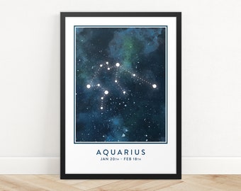 Aquarius Star Sign Print, Constellation Art Print, Horoscope Print, Star Map Print, Zodiac Print, Astrology Wall Art, Bedroom Wall Art