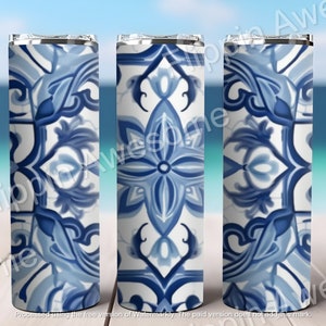 Blue and White Portuguese Tile style 2, 20 oz Skinny Tumbler Sublimation Design, Straight Tumbler Wrap, Instant Digital Download PNG