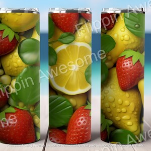 3D Strawberries and Lemon 20 oz Skinny Tumbler Sublimation Design, Straight Tumbler Wrap, Instant Digital Download PNG