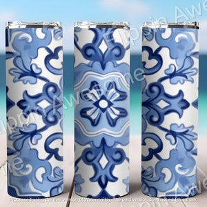 Blue Portuguese Tile 20 oz Skinny Tumbler Sublimation Design, Straight Tumbler Wrap, Instant Digital Download PNG