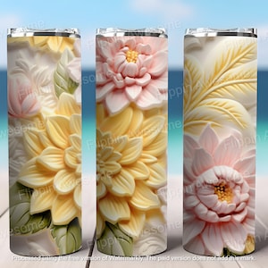 3D Pink Yellow Flowers 20 oz Skinny Tumbler Sublimation Design, Straight Tumbler Wrap, Instant Digital Download PNG