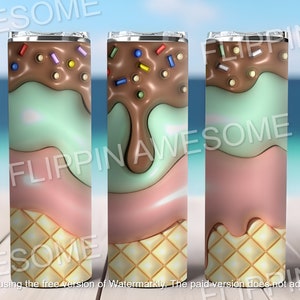 Inflated Neapolitan Ice cream Cone 20 oz Skinny Tumbler Sublimation Design, Straight Tumbler Wrap, Instant Digital Download PNG