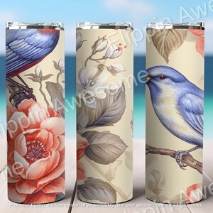 Flowers and Birds 20 oz Skinny Tumbler Sublimation Design, Straight Tumbler Wrap, Instant Digital Download PNG