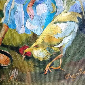 Girl and Rooster Oil Painting: Barnyard Scene, Italian Art (9.5x7 in) image 4