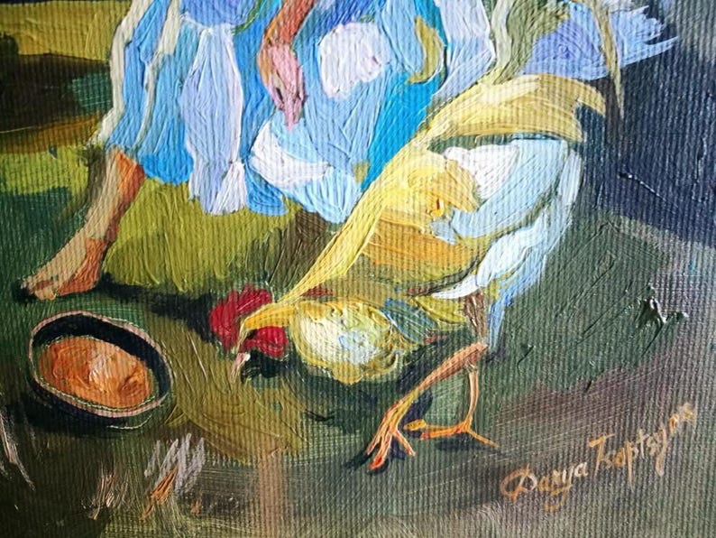 Girl and Rooster Oil Painting: Barnyard Scene, Italian Art (9.5x7 in) image 4