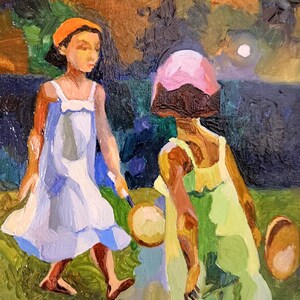 Pintura al óleo de estilo rústico: «Recuerdos de otoño» - Niñas jugando al tenis (24,1 x 18 cm) imagen 6