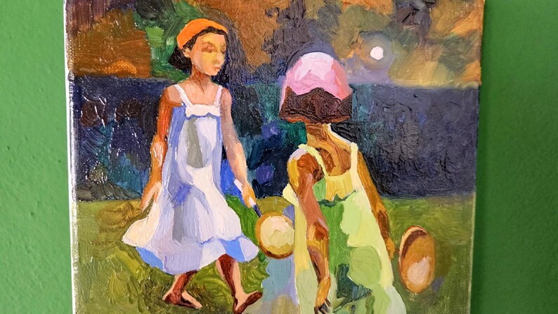 Pintura al óleo de estilo rústico: «Recuerdos de otoño» - Niñas jugando al tenis (24,1 x 18 cm) imagen 6
