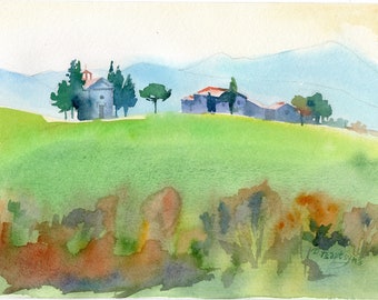 Original Watercolor of San Quirico d'Orcia, Tuscany