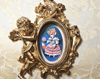 Fox Baby Princess miniature acrylic painting gold-framed 5 x 6 inches