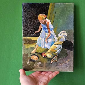 Girl and Rooster Oil Painting: Barnyard Scene, Italian Art (9.5x7 in) image 6