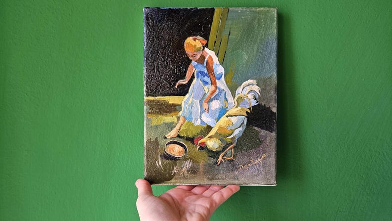 Girl and Rooster Oil Painting: Barnyard Scene, Italian Art (9.5x7 in) image 6