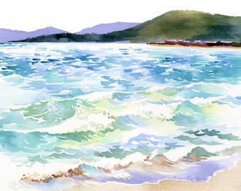 Original Sardegna Seascape Watercolor: Mediterranean Turquoise Artwork