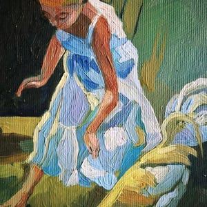 Girl and Rooster Oil Painting: Barnyard Scene, Italian Art (9.5x7 in) image 5