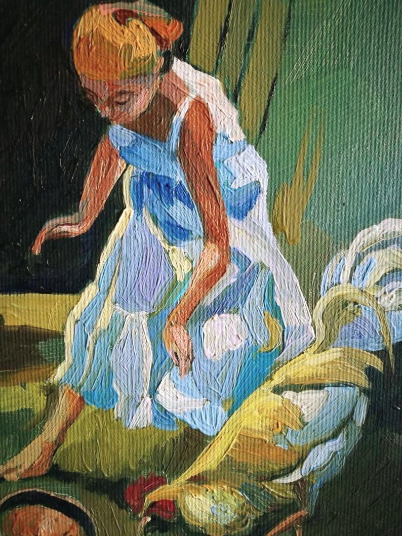 Girl and Rooster Oil Painting: Barnyard Scene, Italian Art (9.5x7 in) image 5