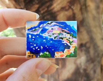 Positano dollhouse miniature acrylic original wall painting,  landscape of Amalfi coast, tiny Italian view art piece