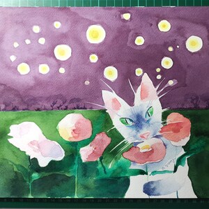 Pintura de acuarela abstracta de gato siamés bajo el cielo estrellado, ilustración como decoración de habitación infantil