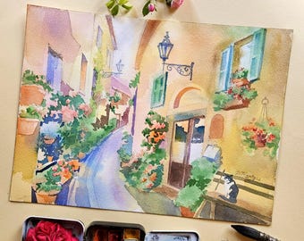 Original Watercolor Painting: Streets of Italy, Italian Landscape Art (9x12)