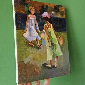 Pintura al óleo de estilo rústico: «Recuerdos de otoño» - Niñas jugando al tenis (24,1 x 18 cm) imagen 5