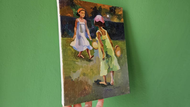 Pintura al óleo de estilo rústico: «Recuerdos de otoño» - Niñas jugando al tenis (24,1 x 18 cm) imagen 5