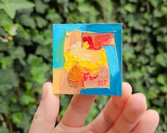 Pintura al óleo abstracta en miniatura "Campos de lentejas" 2 x 2 pulgadas