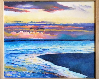 Original Beach Sunrise Oil Painting Seascape Wall Art (50x60 cm)