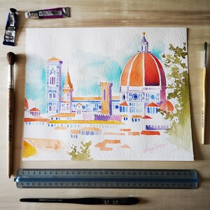 PAINTING OF FLORENCE in Watercolor, Birthday gift, Housewarming gift, Original Art Tuscany Romantic Memory Landscape