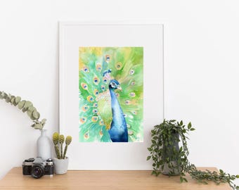 Pintura de acuarela de pavo real azul: arte abstracto de aves sobre papel de algodón